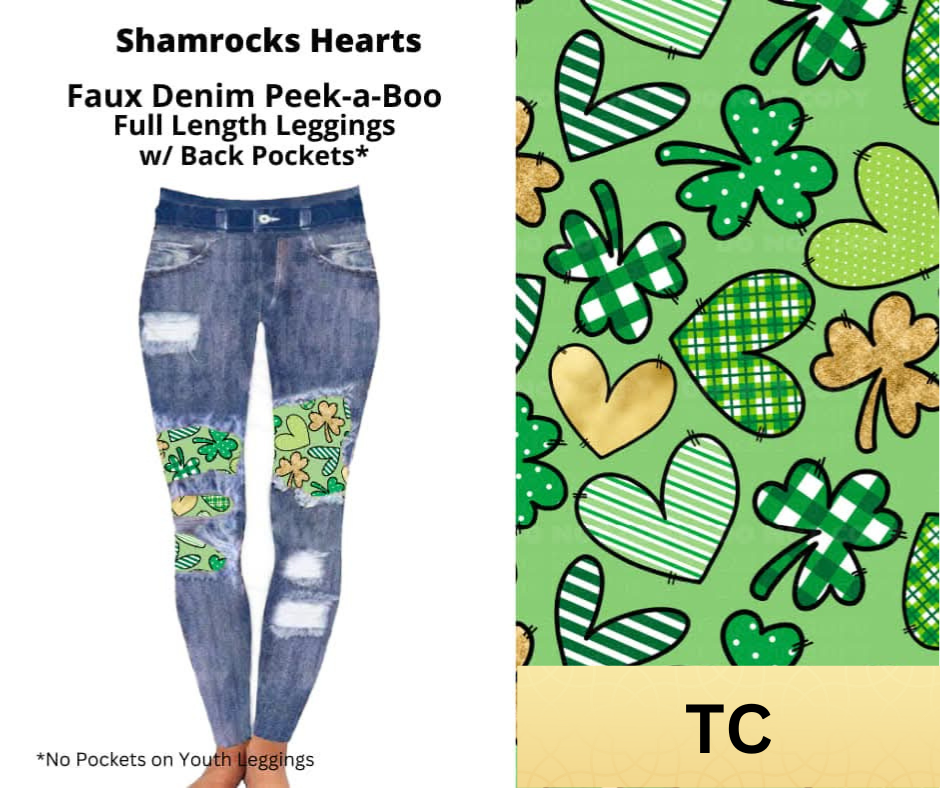 Shamrock Hearts Faux Denim Full Length Peekaboo Leggings