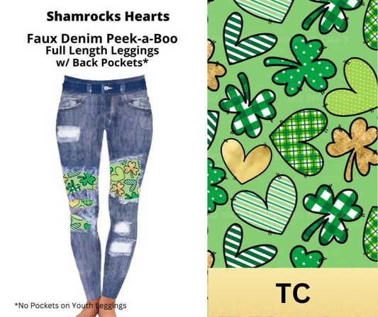 Shamrock Hearts Faux Denim Full Length Peekaboo Leggings