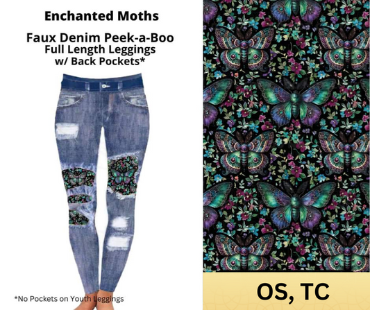 Enchanted Moths Faux Denim Full Length Peekaboo Leggings