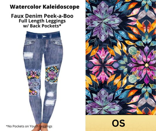 Watercolor Kaleidoscope Faux Denim Full Length Peekaboo Leggings