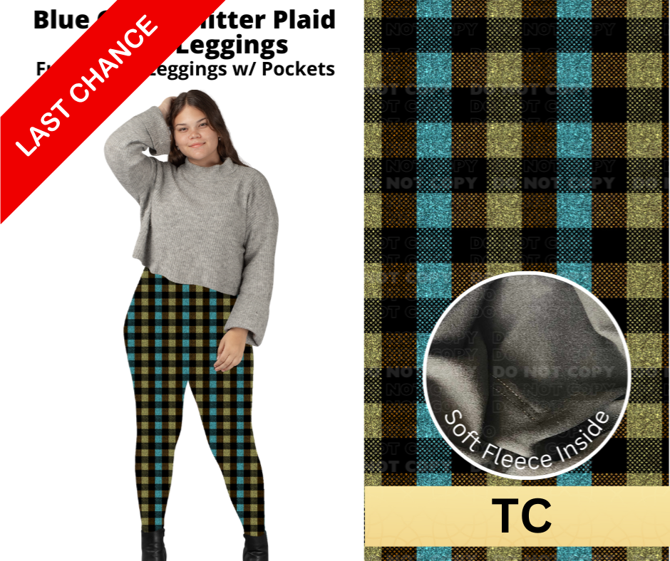 Blue Green Glitter Plaid Fleece Leggings