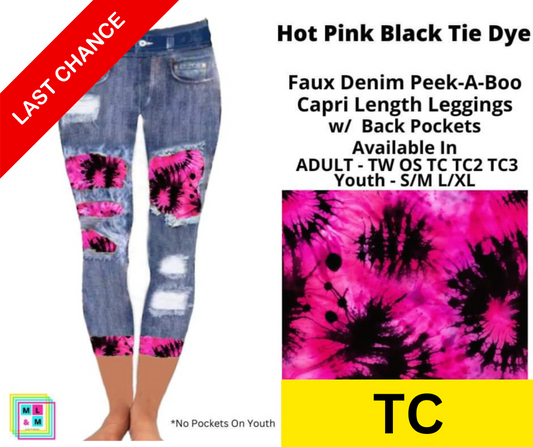 Hot Pink Black Tie Dye Faux Denim Peekaboo Capris