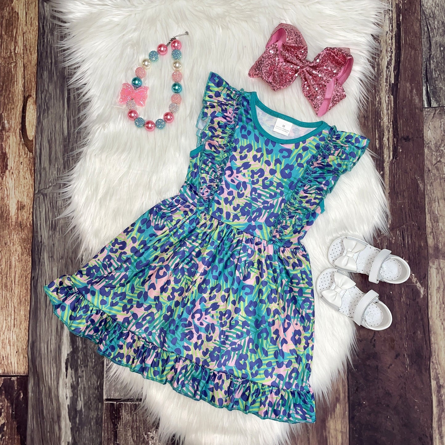 Teal and Pink Leopard Ruffle Sleeveless Dress