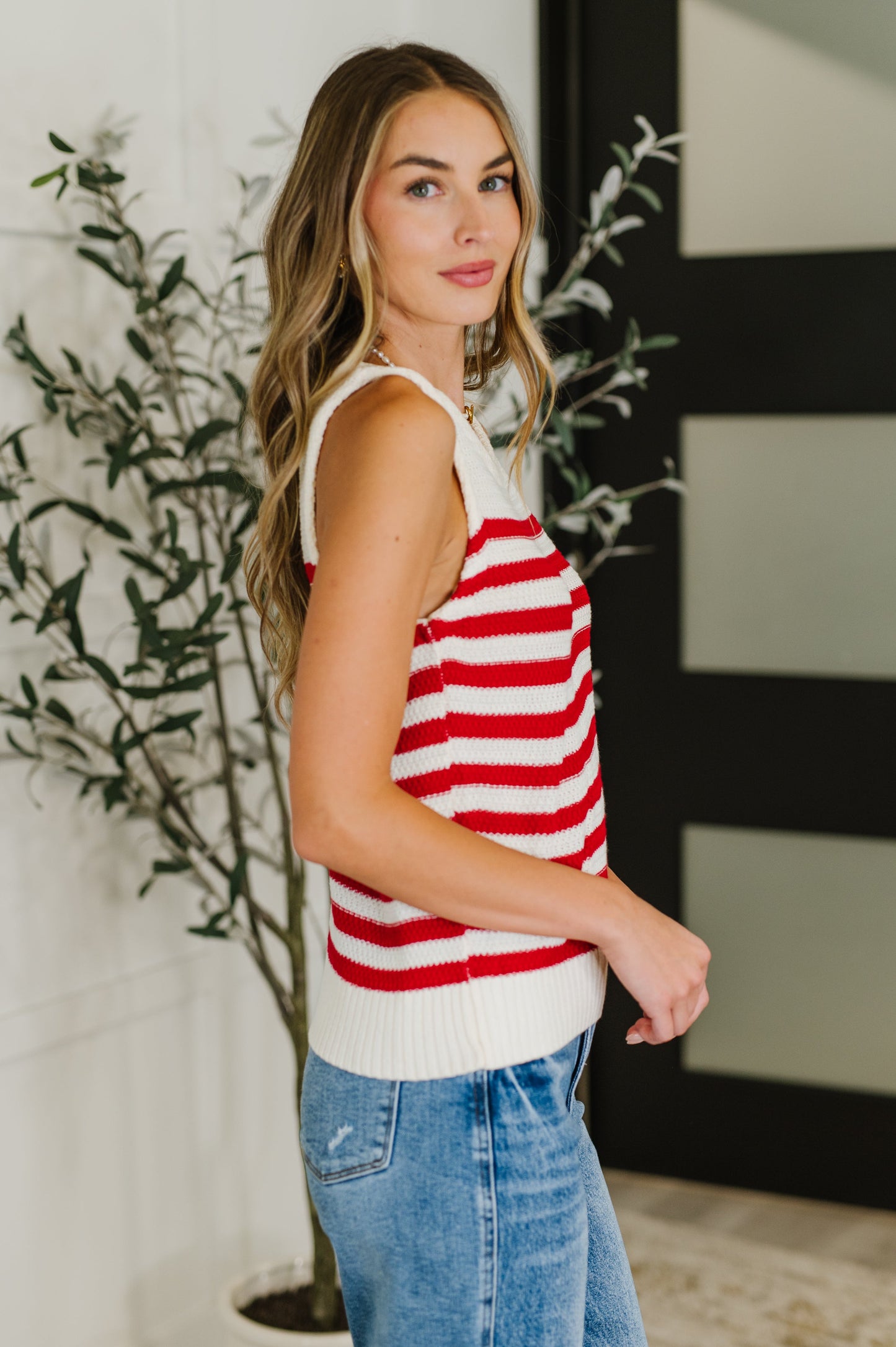 PREORDER: Textured Knit Tank in Red and White Stripe
