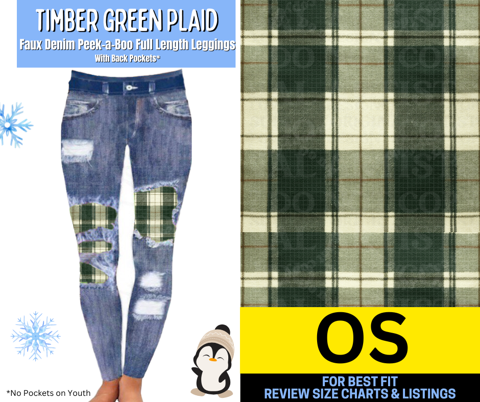 Timber Green Plaid Faux Denim Full Length Peekaboo Leggings
