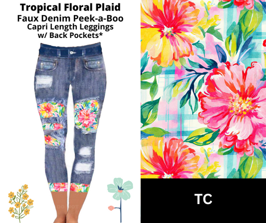 Tropical Floral Plaid Capri Faux Denim Peekaboo