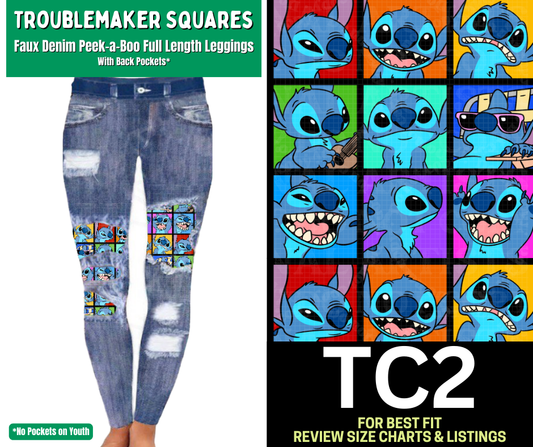 Troublemaker Squares Faux Denim Full Length Peekaboo Leggings