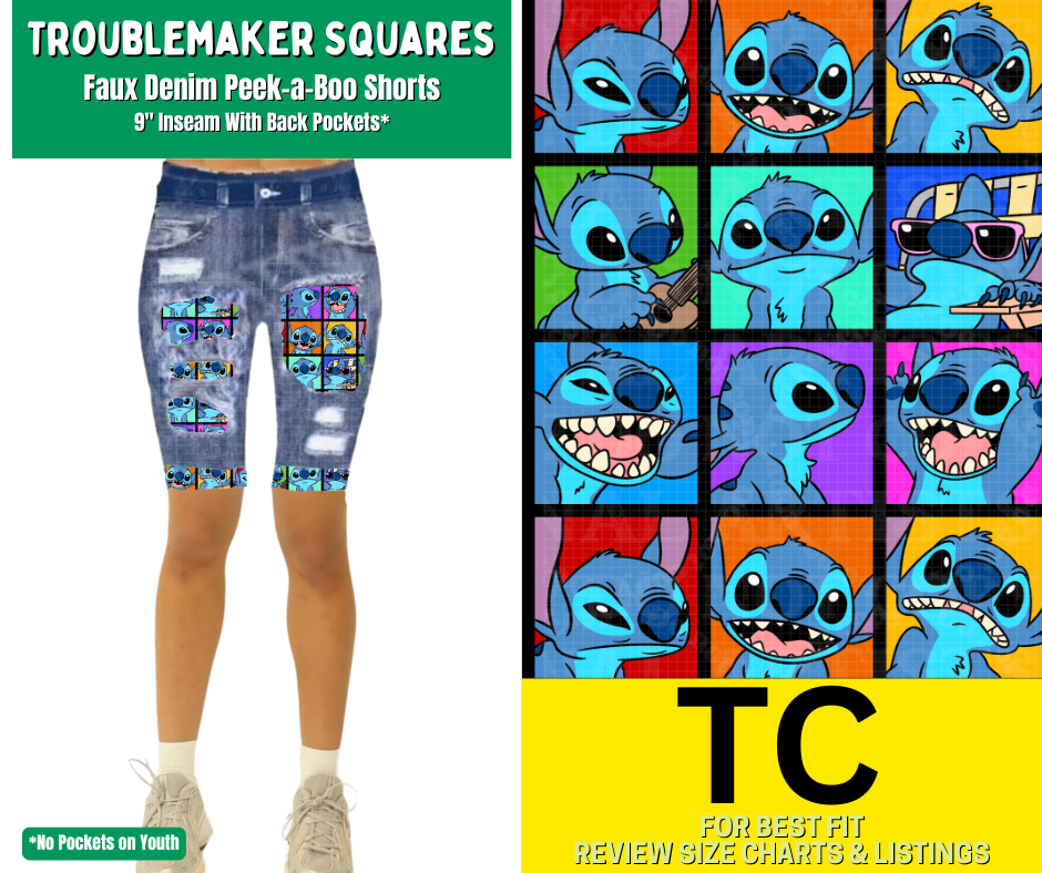 Troublemaker Squares Faux Denim Peekaboo Jamaica Shorts