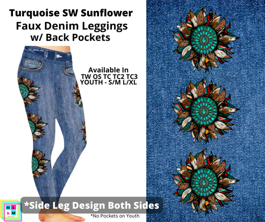 Turquoise SW Sunflower Full Length Faux Denim w/ Side Leg Designs
