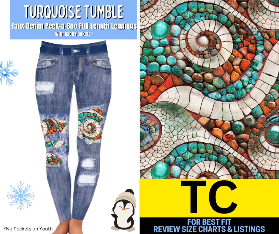 Turquoise Tumble  Faux Denim Full Length Peekaboo Leggings