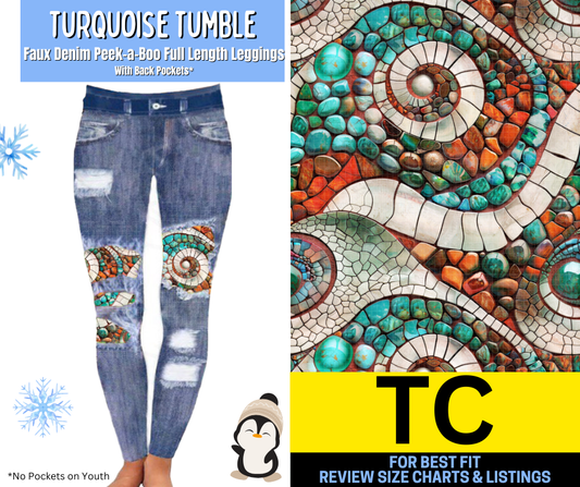 Turquoise Tumble  Faux Denim Full Length Peekaboo Leggings