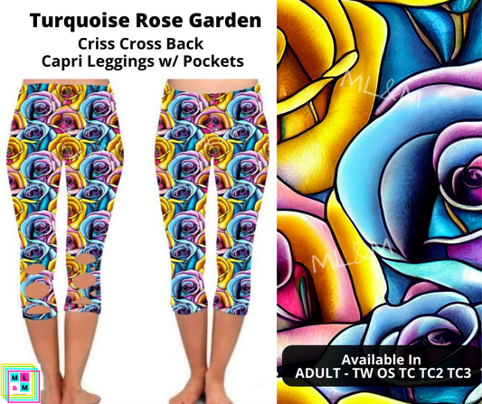 Turquoise Rose Garden Criss Cross Capri w/ Pockets