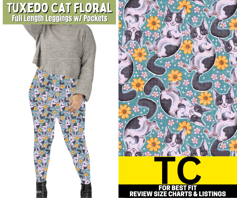 Tuxedo Cat Floral Full Length Leggings w/ Pockets