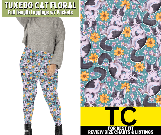 Tuxedo Cat Floral Full Length Leggings w/ Pockets