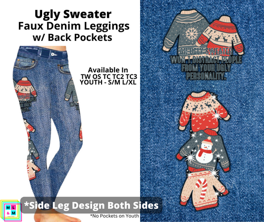 Ugly Sweater Full Length Faux Denim w/ Side Leg Designs