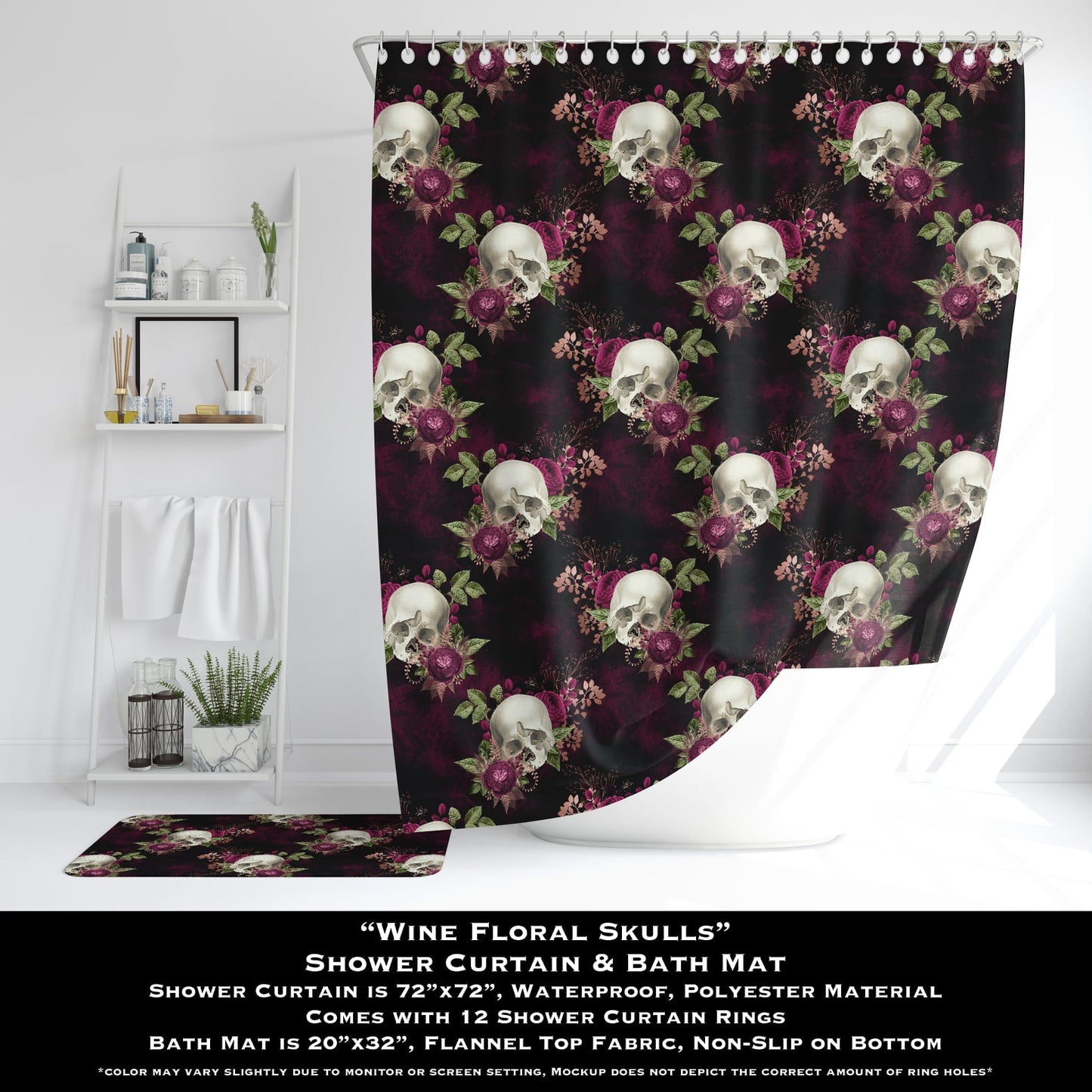 Wine Floral Skulls - Shower Curtain & Bath Mat