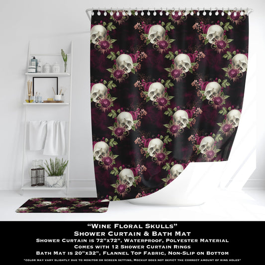 Wine Floral Skulls - Shower Curtain & Bath Mat