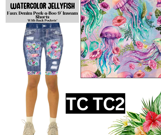 Watercolor Jellyfish Faux Denim Peekaboo Jamaica Shorts