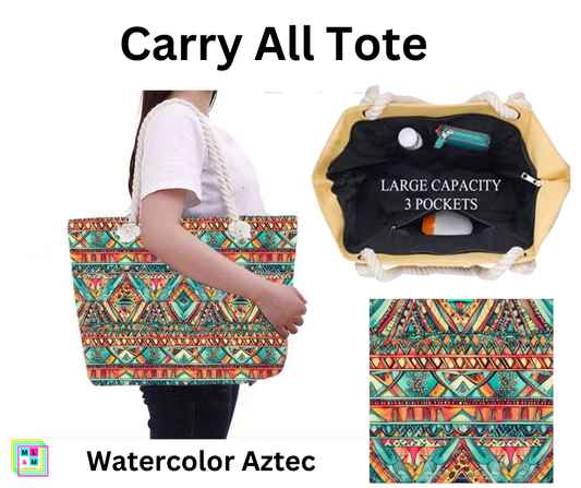 Watercolor Aztec Carry All Tote w/ Zipper