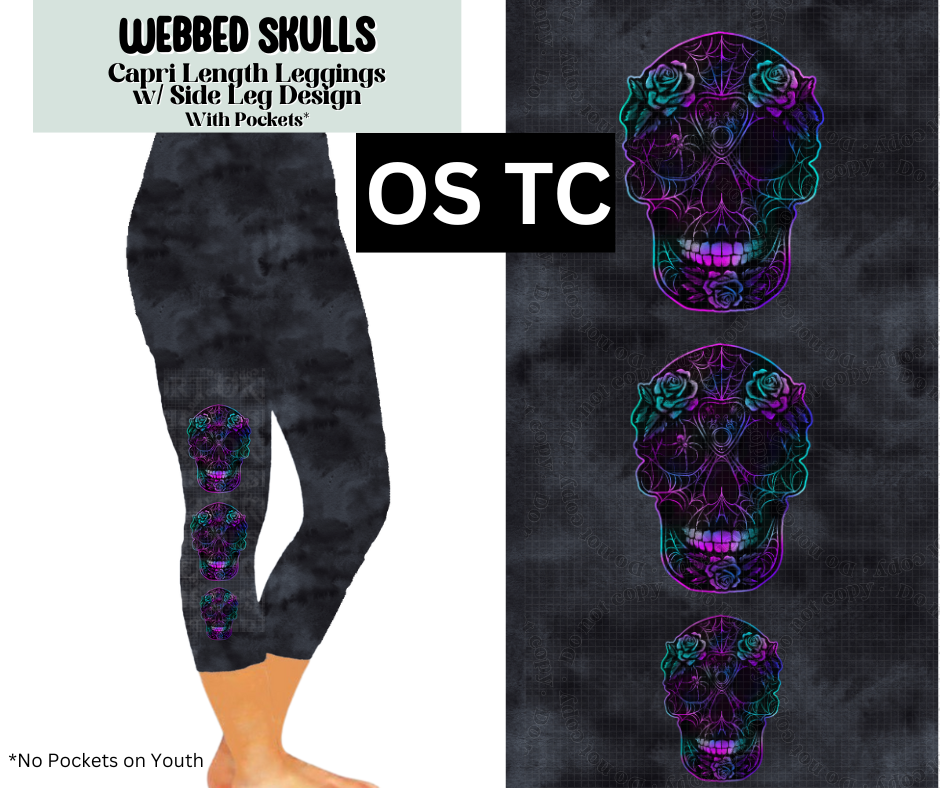 Webbed Skulls Capri Leggings w/ Side Leg Designs