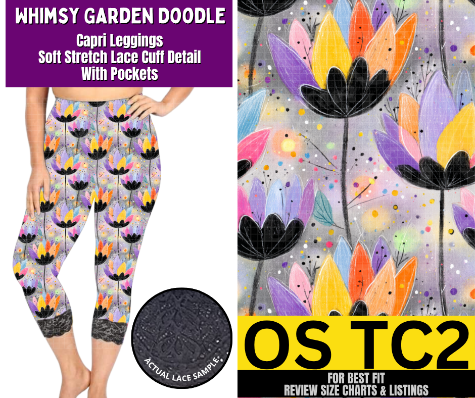 Whimsy Garden Doodle Lace Cuff Capris w/ Pockets