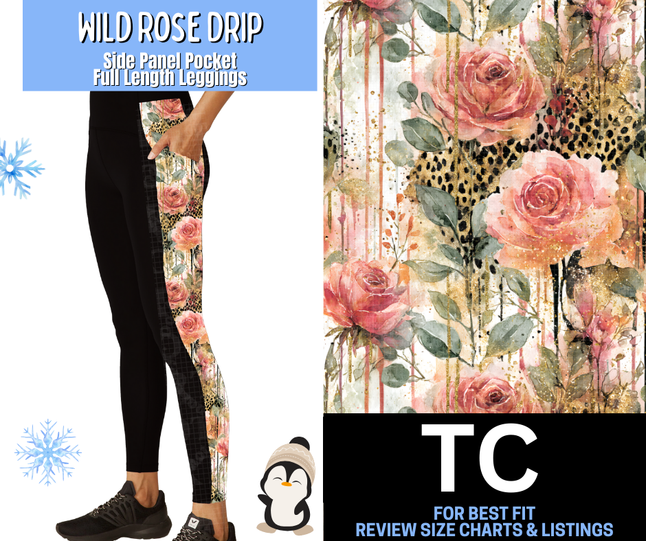 Wild Rose Drip Side Panel Pocket Full Length Leggings