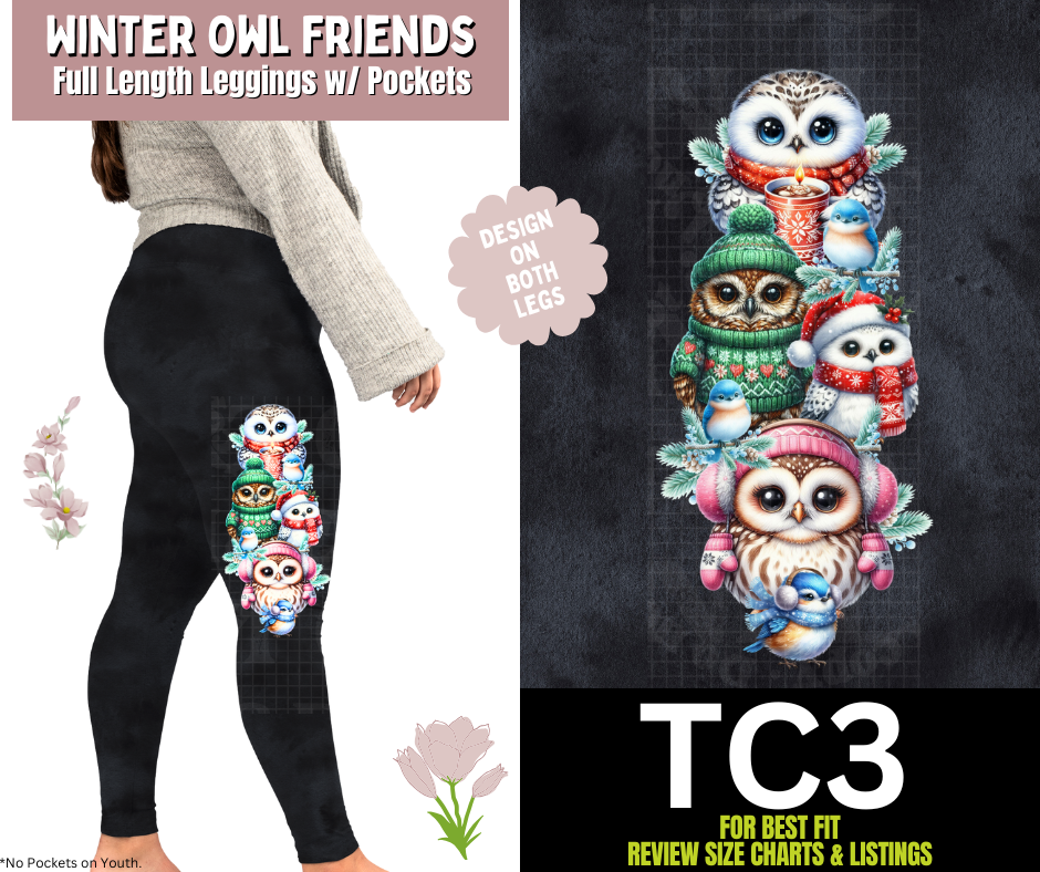 Winter Owl Friends Watercolor Full Length Leggings w/ Side Leg Designs
