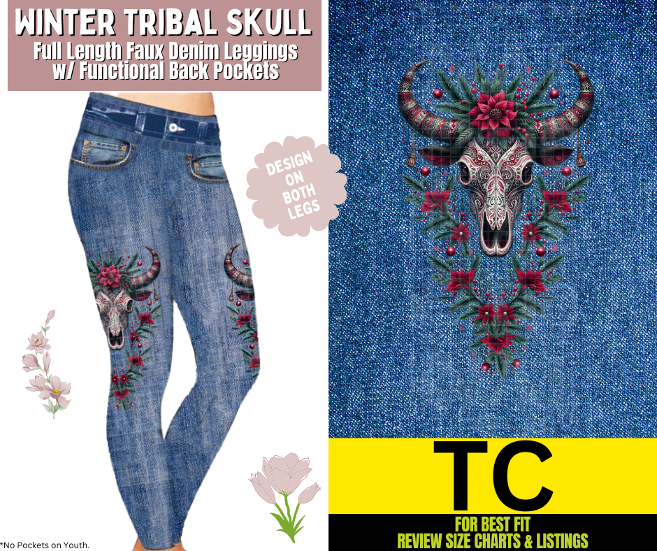 Winter Tribal Skull Full Length Faux Denim w/ Side Leg Designs