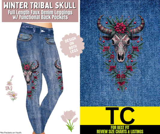 Winter Tribal Skull Full Length Faux Denim w/ Side Leg Designs