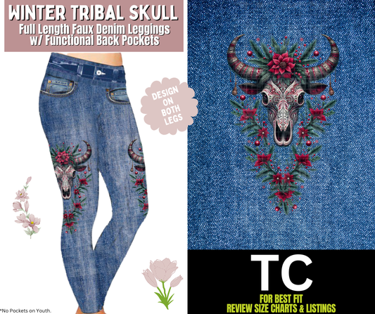 Winter Tribal Skull Full Length Faux Denim w/ Side Leg Designs