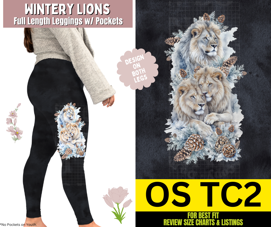 Wintery Lions Watercolor Full Length Leggings w/ Side Leg Designs
