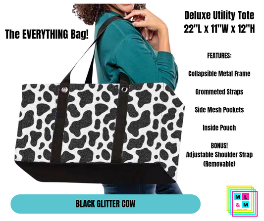 Black Glitter Cow Collapsible Tote