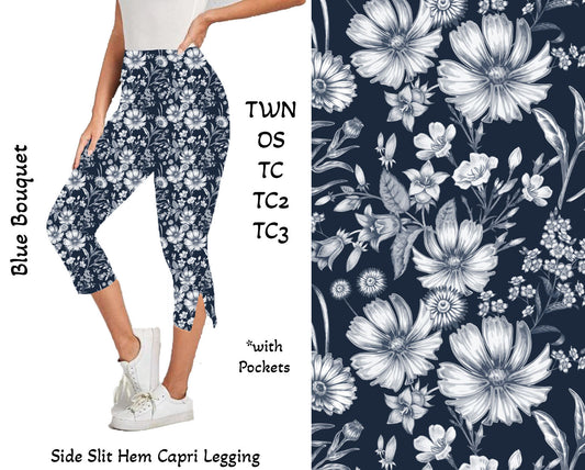 Blue Bouquet - Side Slit Hem Capri Leggings with Pockets Preorder Closes 2/23