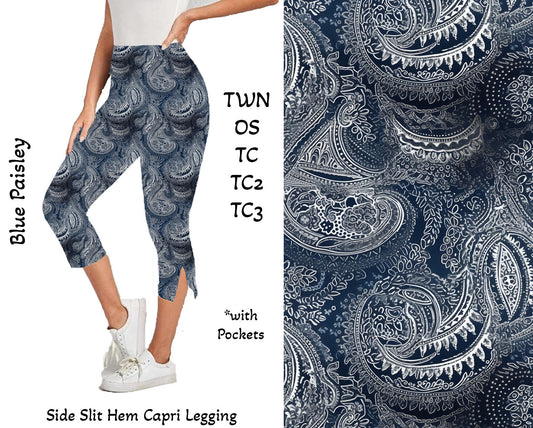 Blue Paisley - Side Slit Hem Capri Leggings with Pockets Preorder Closes 2/23