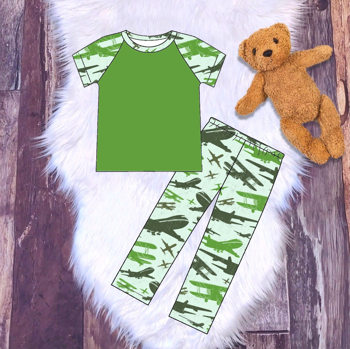 Green Airplane Sibling Loungewear Set