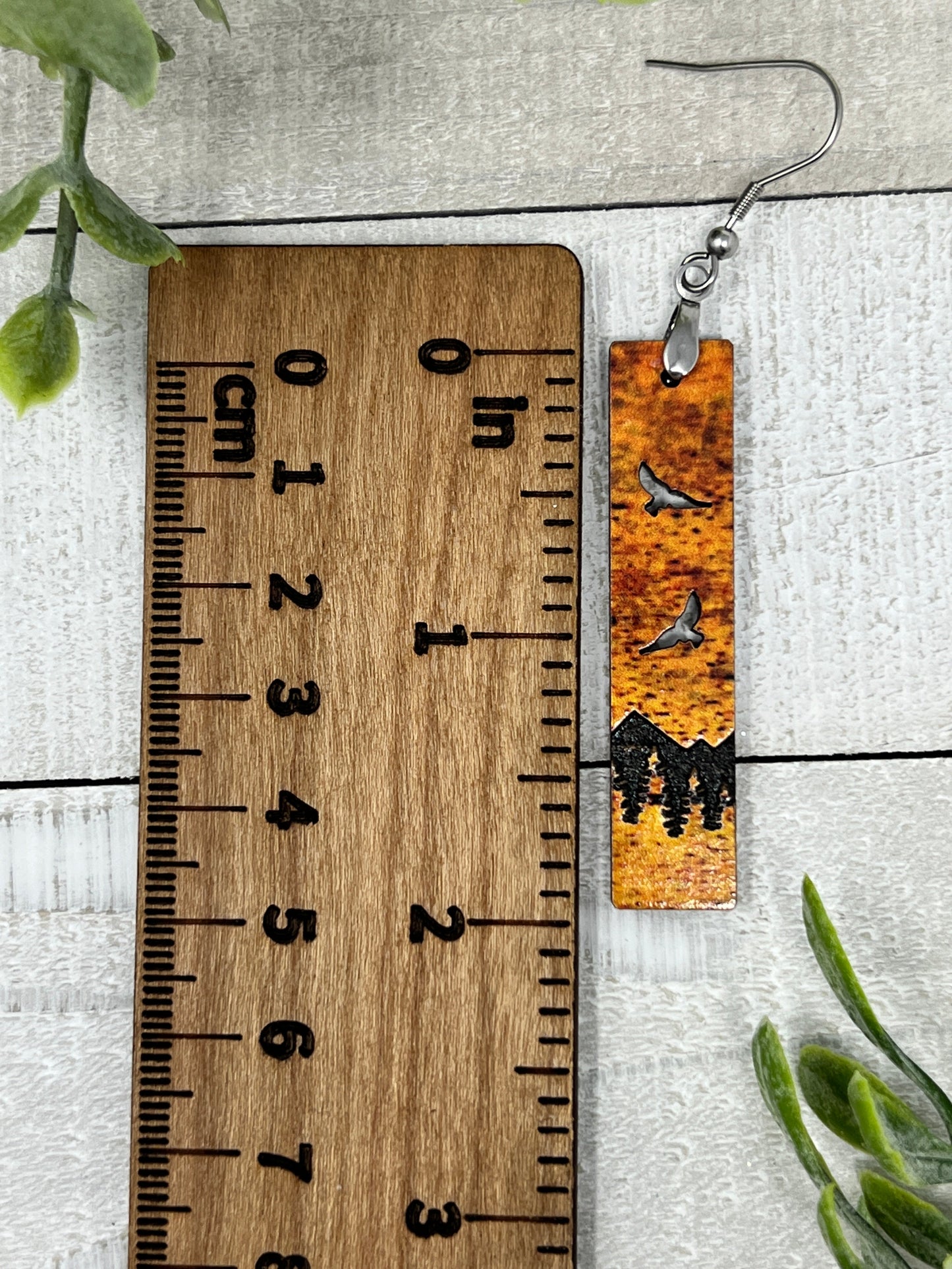 Mountain Forest with Birds Cutouts Bar - Fall Colors - Handcrafted Earrings