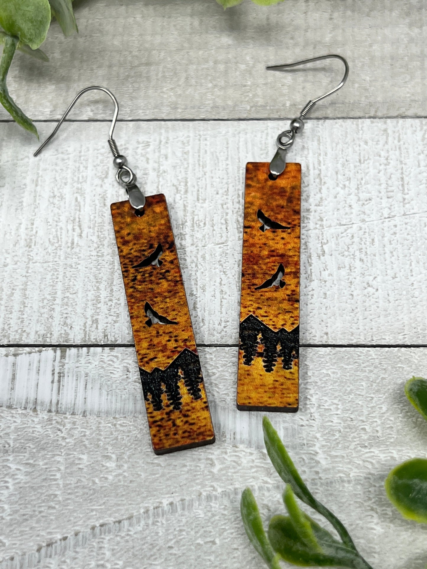 Mountain Forest with Birds Cutouts Bar - Fall Colors - Handcrafted Earrings