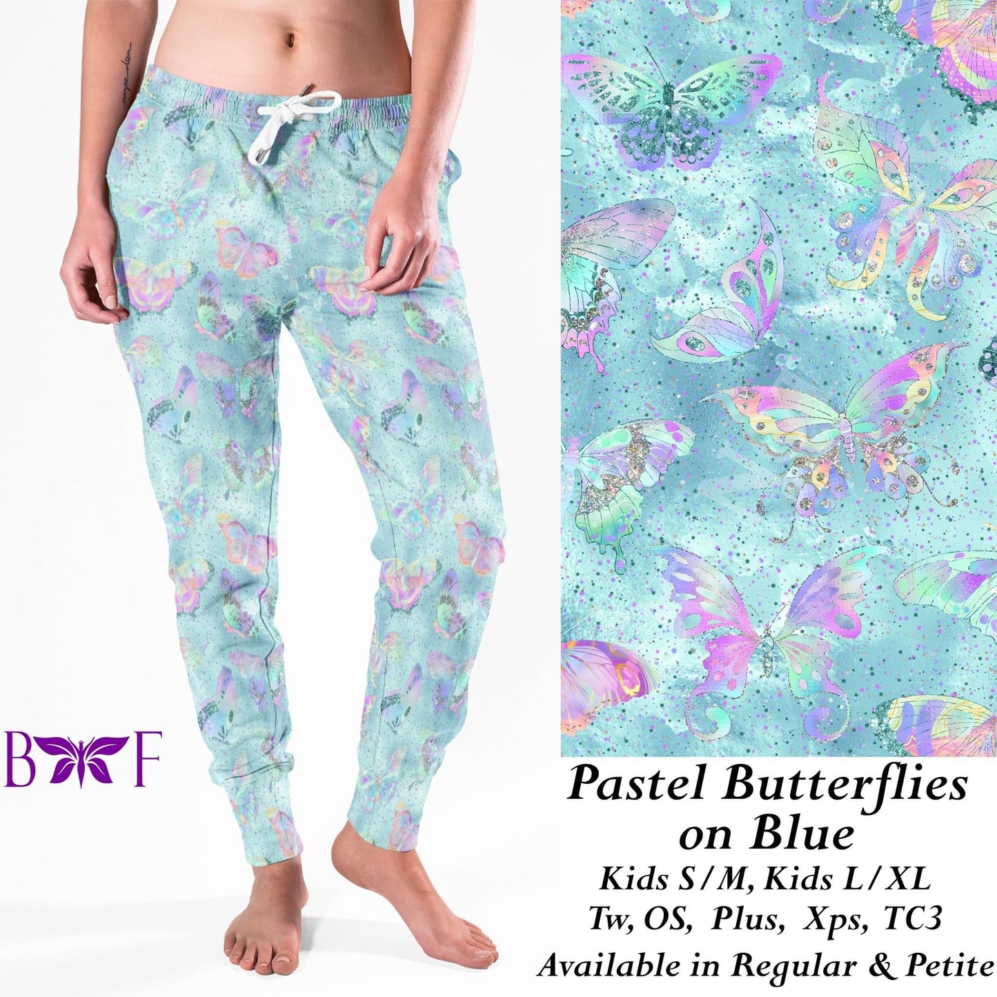 Pastel Butterflies on Blue- Leggings, Capri