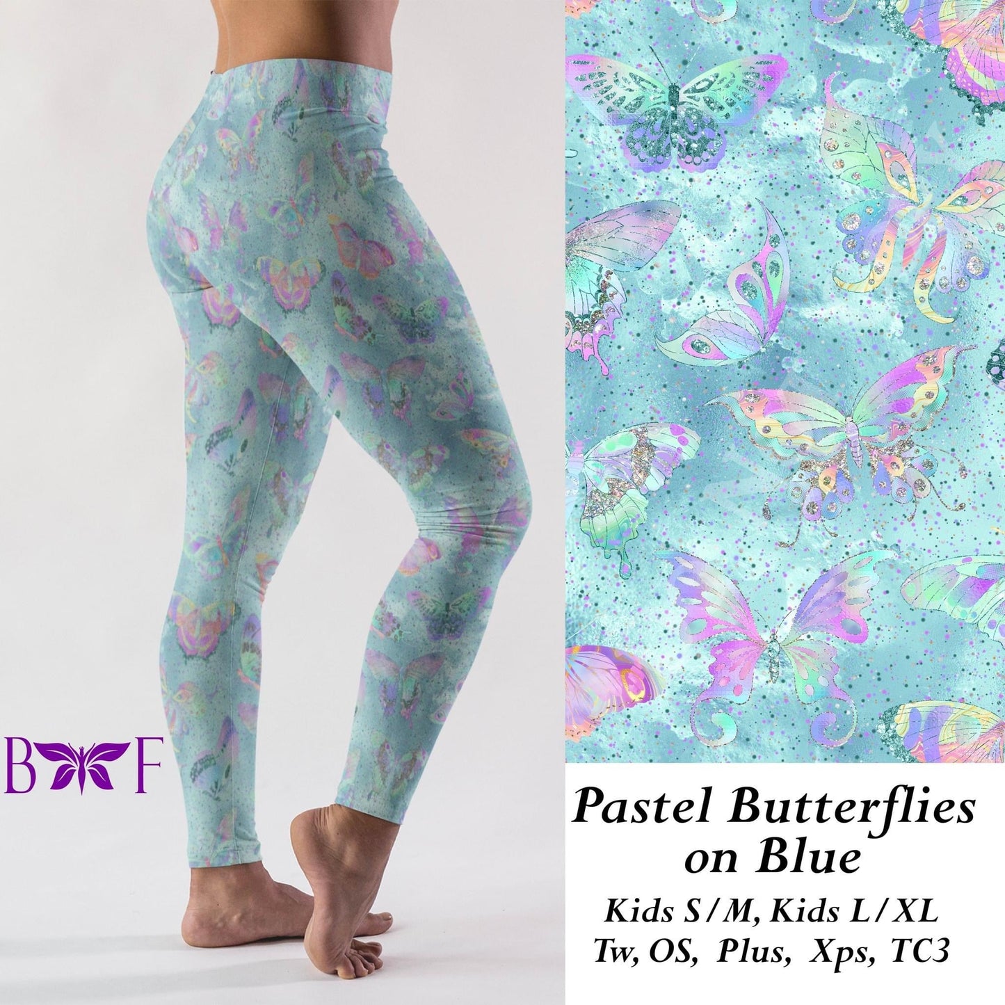 Pastel Butterflies on Blue- Leggings, Capri