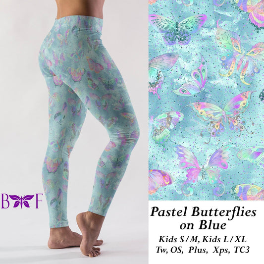 Pastel Butterflies on Blue- Leggings, Capri