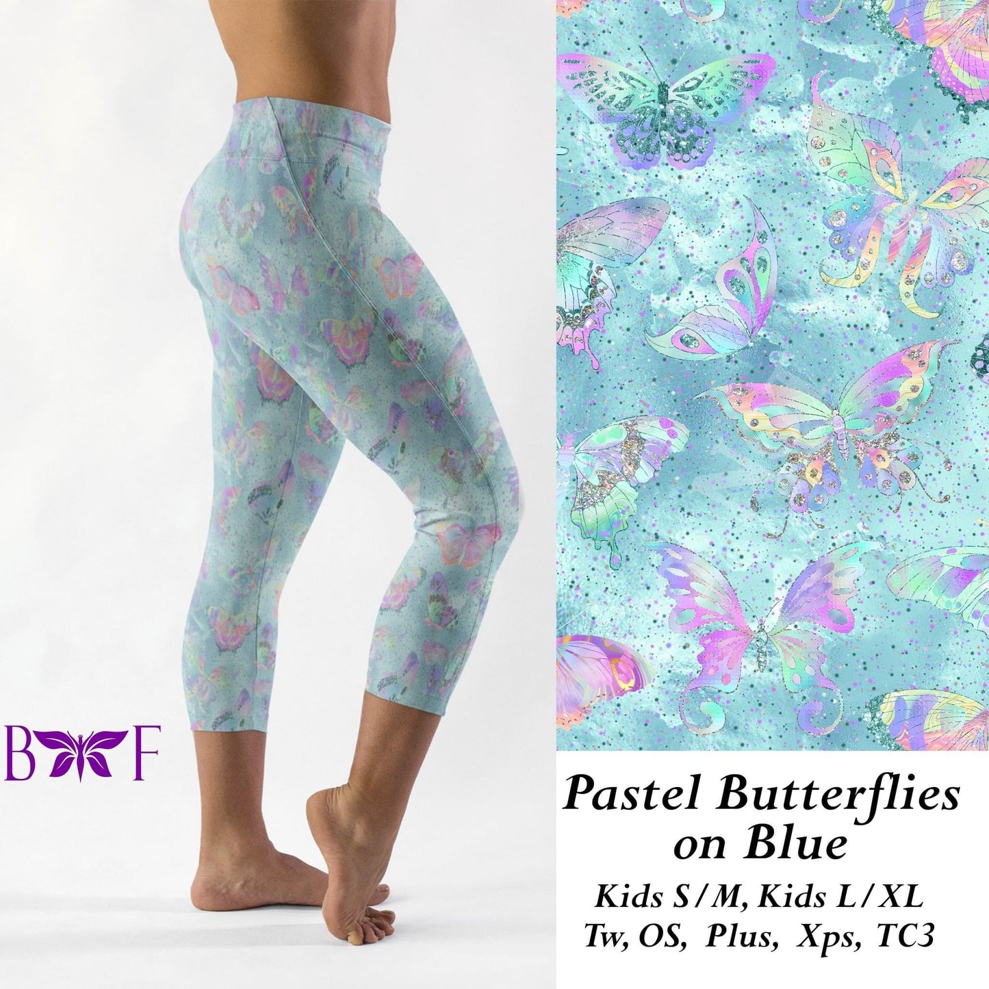 Pastel Butterflies on Blue- Leggings, Capri