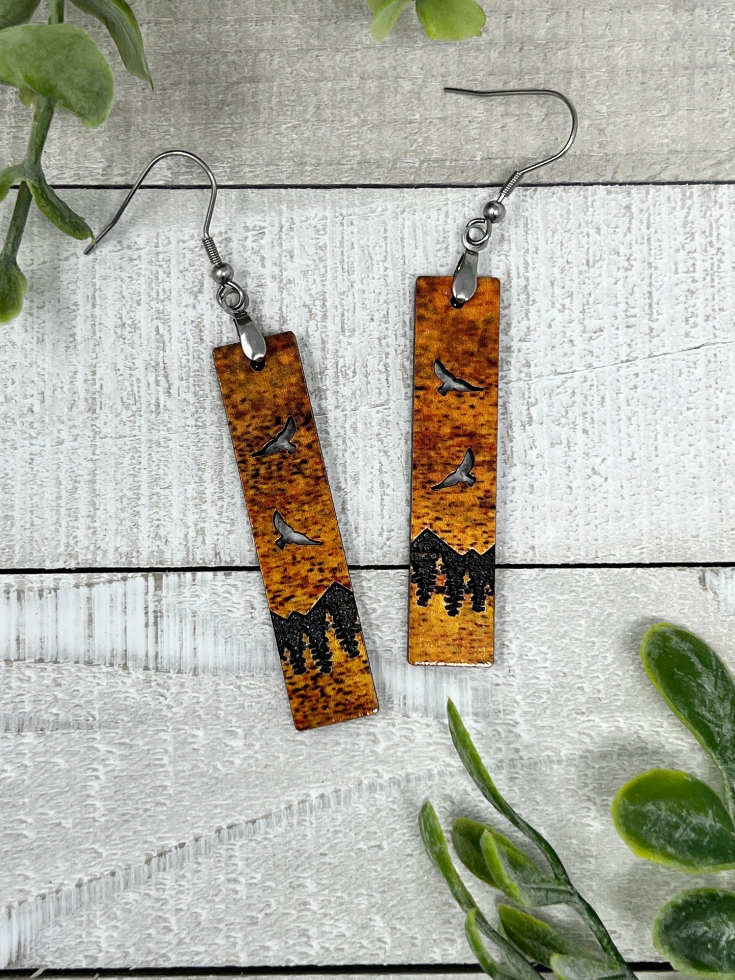 Mountain Forest with Birds Cutouts Bar - Fall Colors - Handcrafted Earrings