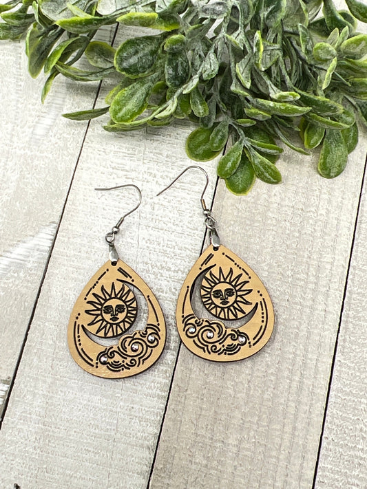 Sun Crescent Moon Clouds Drop - Handcrafted Earrings