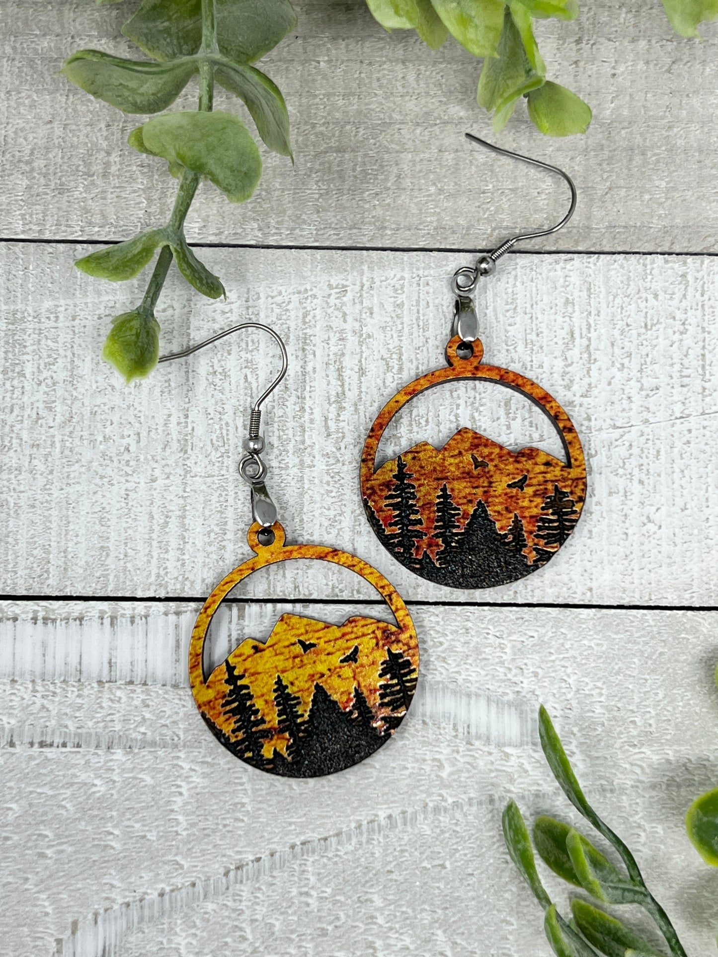 Mountain Forest with Birds - Fall Colors - Handcrafted Earrings