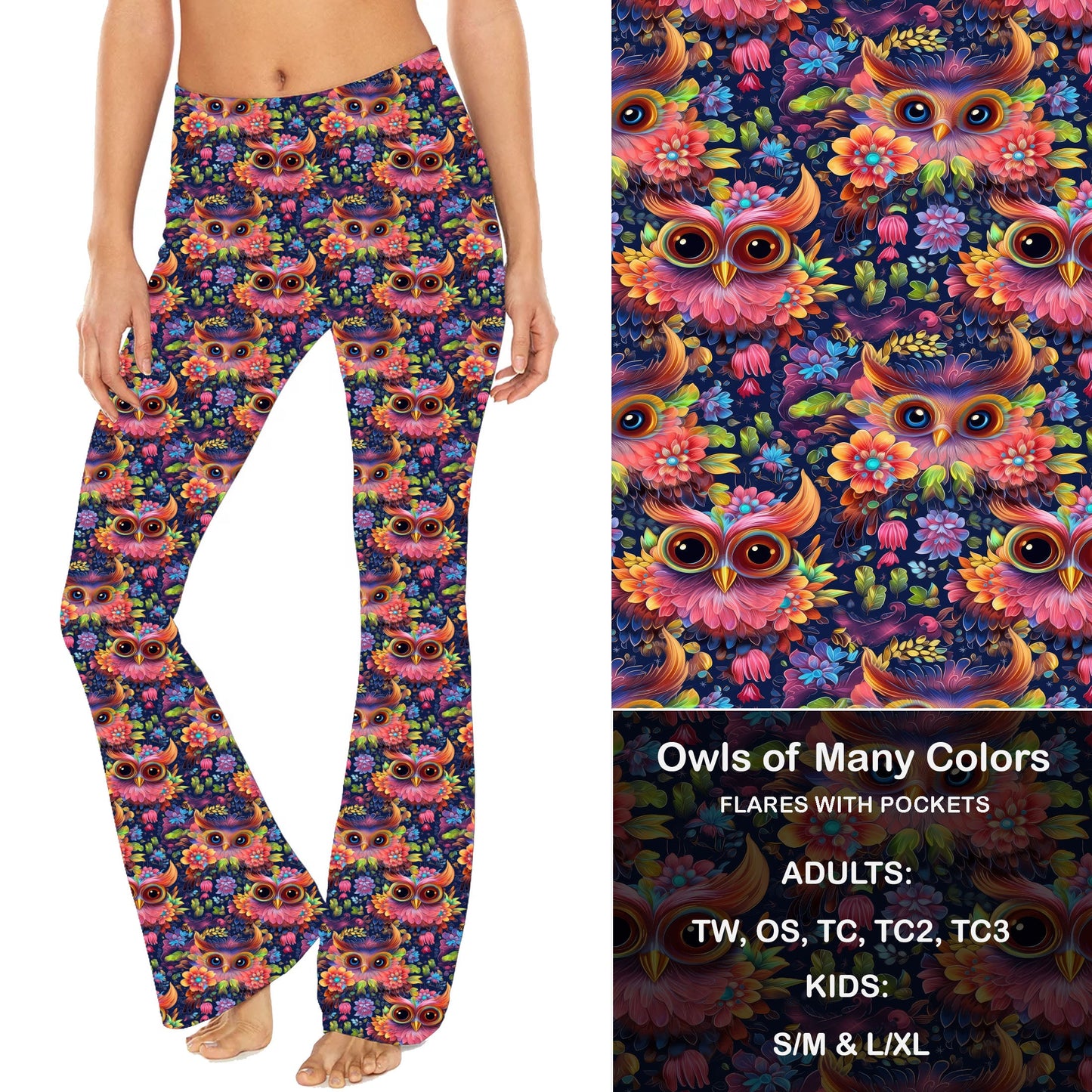 Owl of Many Colors - Yoga Flares with Pockets Preorder Closes 9/20 eta late Oct