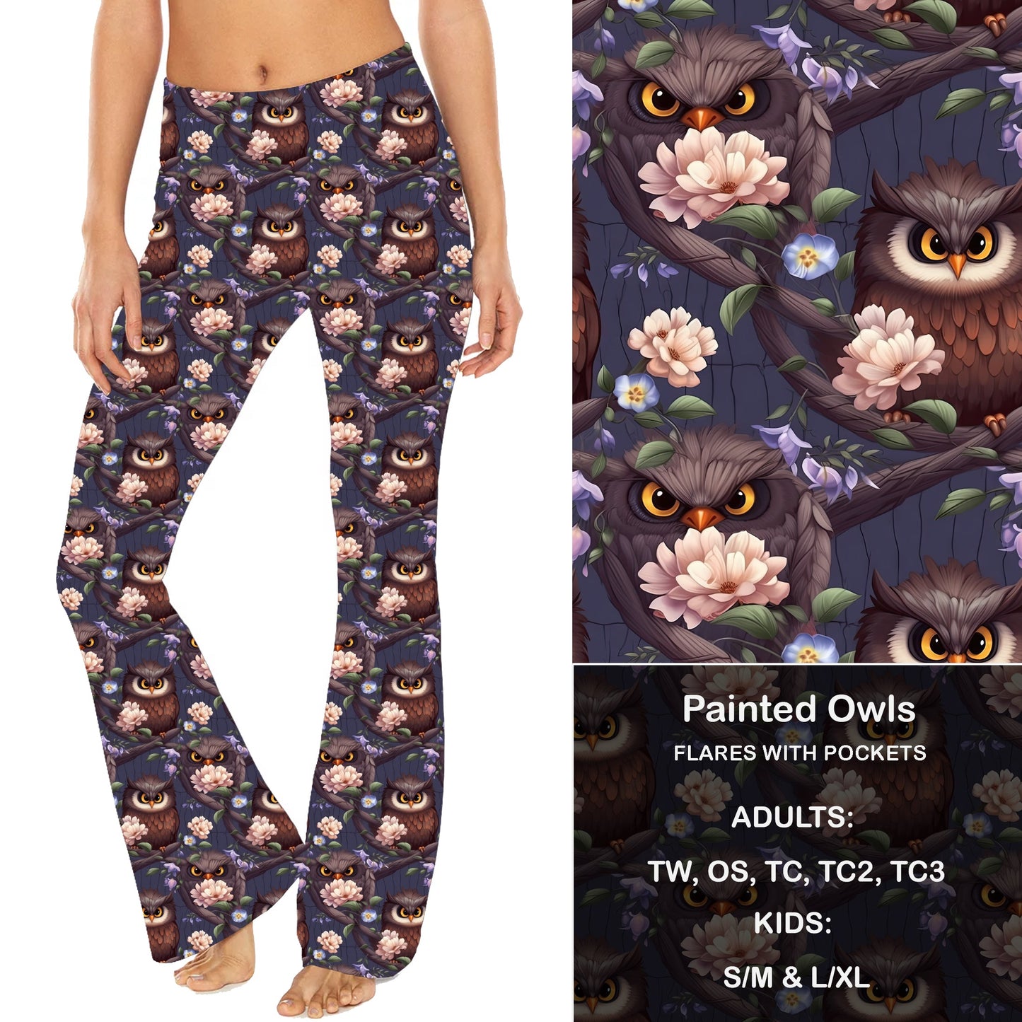 Painted Owls - Yoga Flares with Pockets Preorder Closes 8/22 eta Sept.