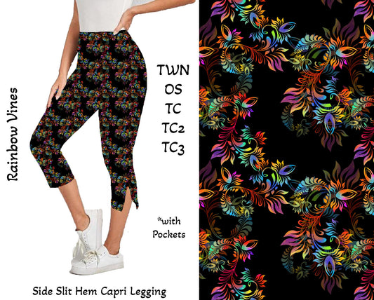 Rainbow Vines - Side Slit Hem Capri Leggings with Pockets Preorder Closes 2/23