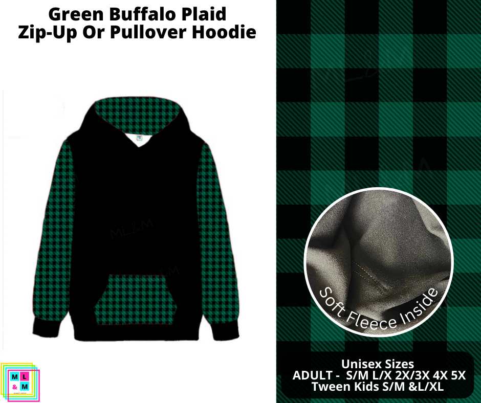 Green Buffalo Plaid Zip-Up or Pullover Hoodie