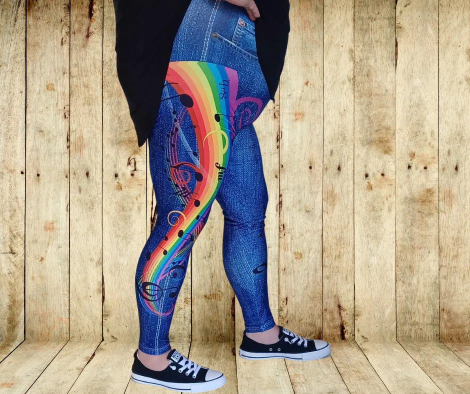 Play On Full Length Faux Denim w/ Side Leg Designs