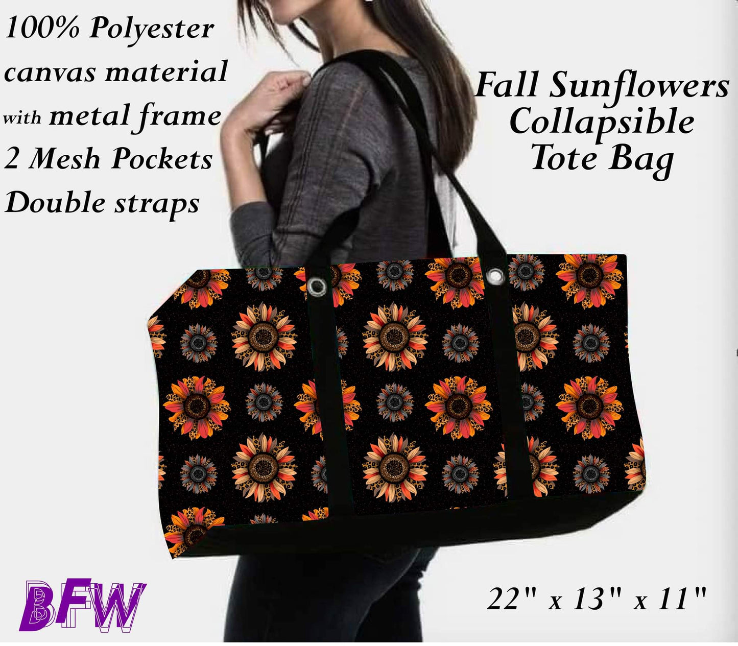 Fall sunflower large tote and 2 inside mesh pockets